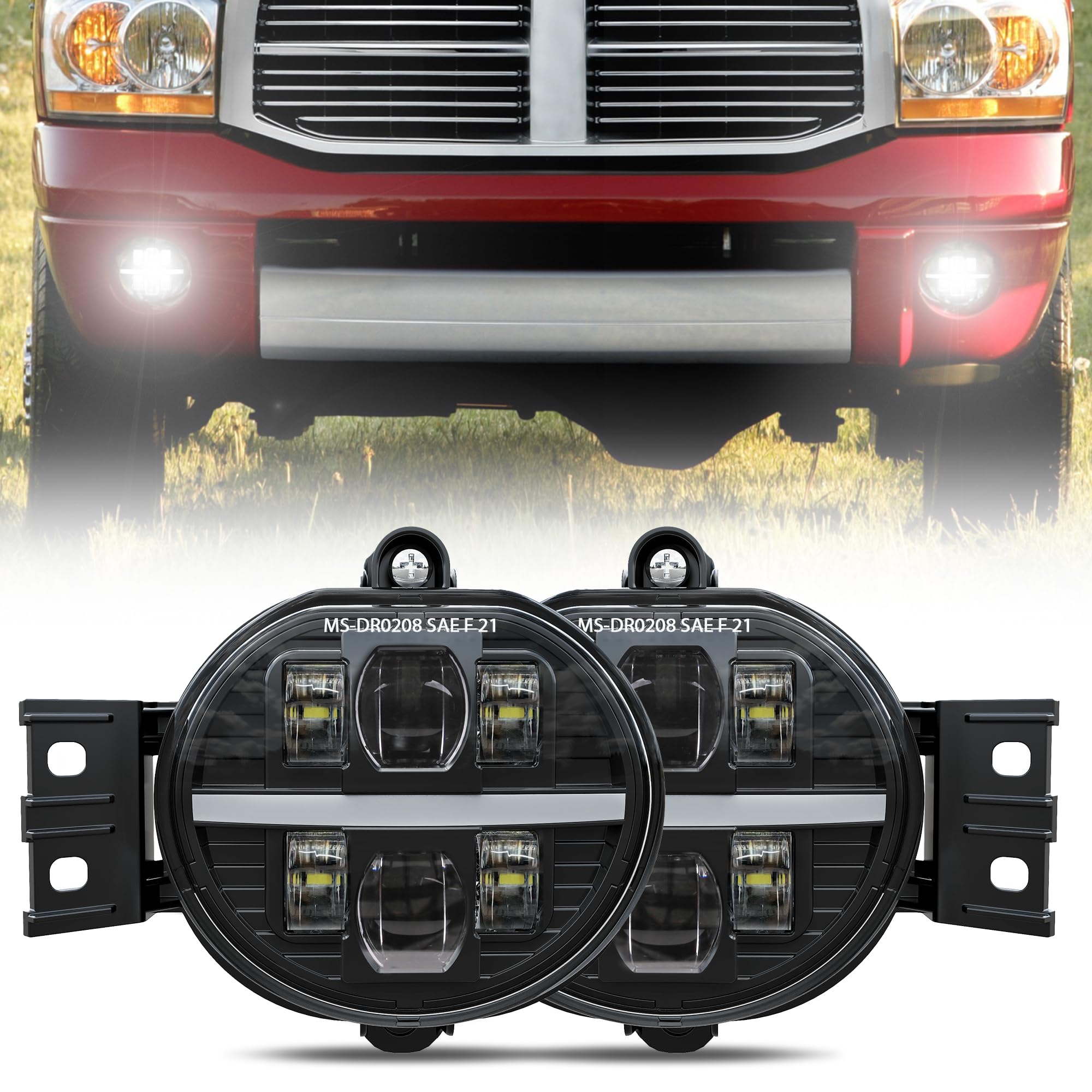 RAMJET4X4 New LED Fog Lights Fog Bumper Lamps Replacement Compatible with 2002-2008 Dodge Ram 1500, 2003-2009 Dodge Ram 2500/3500, 2004-2006 Durango Pickup Truck, with DRL